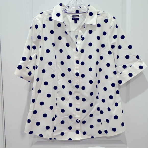 Talbots Crisp White Wrinkle Resistant White/Blue‎ Polka Dot Button Up Shirt 12 - Picture 1 of 11